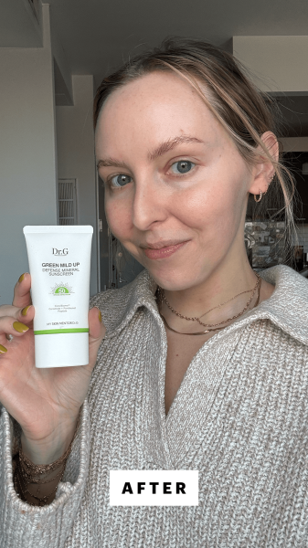 A selfie of Allure beauty director Sarah Kinonen after using the Dr. G Green Mild Up Defense Mineral Sunscreen