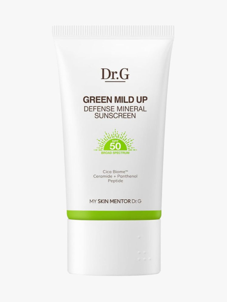 Dr. G Green Mild Up Defense Mineral Sunscreen in branded tube component on a light gray background