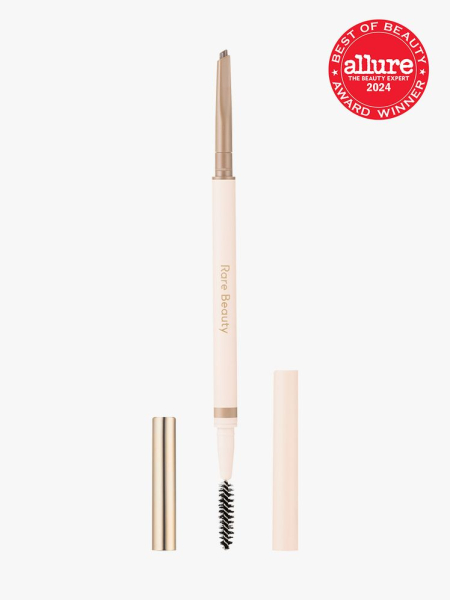 Rare Beauty Brow Harmony Precision Pencil component in cream with brown accents on a light gray background with red Allure Best of Beauty seal in the top right corner
